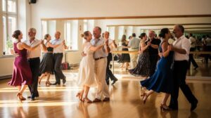 A Group Of Adults Is Laughing And Enjoying Themselves During A Ballroom Dance Class In A Lively Dance Studio, Showcasing The Social Benefits And Mental Health Advantages Of Partner Dancing. This Fun Atmosphere Promotes Emotional Well-Being, Boosts Self-Esteem, And Encourages Social Interaction Among Participants.